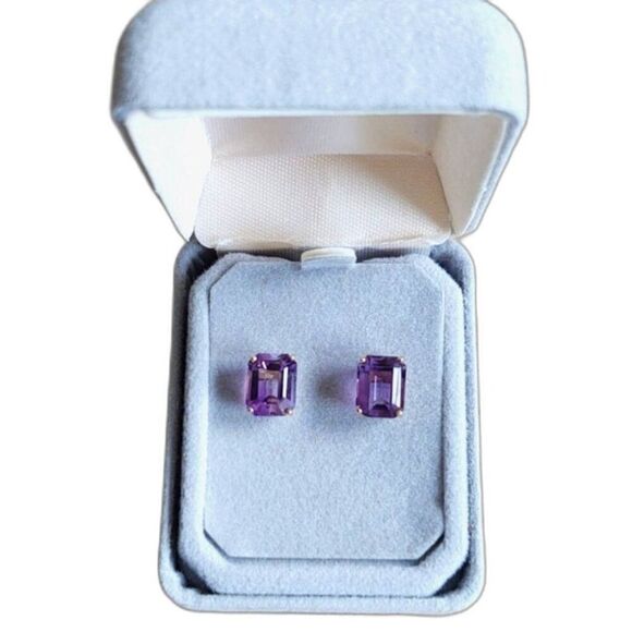 HP💎14k💎Gold Vintage Clyde Duneier Amethyst Emerald Cut Earrings NEW/NOS - Picture 1 of 10